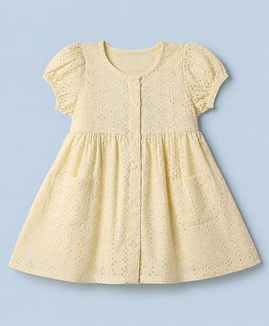 Babyhug Cotton Schiffili Woven Fit and Flare Frock with Puffed Sleeves in Cream