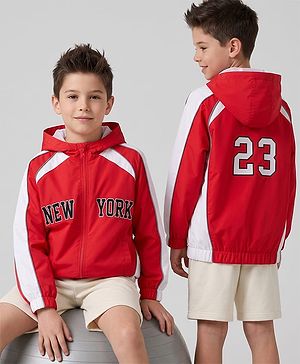 Pine Active Woven Full Sleeves Ultra Comfort Atheliesure Jacket With Text Print - Red