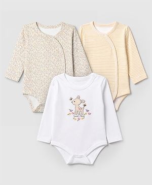 Babyhug 100% Cotton Interlock Knit Full Sleeve Striped Onesies With pack of 3 Bunny Print - Peach White Cream