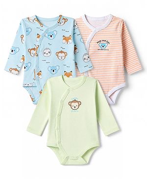 Babyhug 100% Cotton Interlock Knit Full Sleeves Onesie With Animal Print Pack of 3 - Pink & Blue