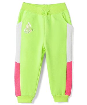 Babyhug 100% Cotton Looper Knit Lounge Pant with Full Length and Butterfly Embroidery in Lime Green