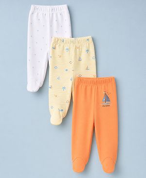Babyhug 100% Cotton Knit Striped Nautical & Beach Theme Printed Bootie Leggings Pack Of 3 - Orange Yellow & White
