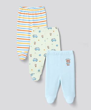 Babyhug 100% Cotton Knit Striped & Bear Printed Bootie Leggings Pack Of 3 - Light Blue White & Orange