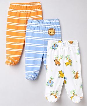 Babyhug 100% Cotton Knit Full Length Striped Bootie Leggings With Animal Print Pack of 3 - Orange