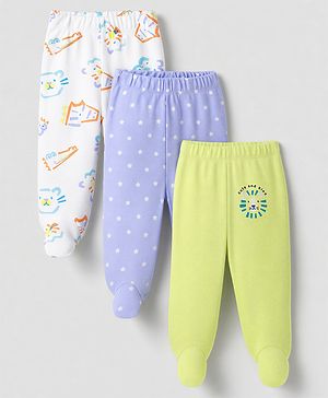 Babyhug 100% Cotton Knit Bootie Leggings with Animal , Star & Text Print Pack of 3 - White , Green & Violet