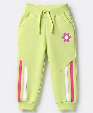 Babyhug Cotton Looper Knit Jogger Fit Full Length Track Pant with Flower Patch in Lime Green