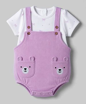 Babyhug 100% Cotton Interlock Knit Half Sleeves Onesies With Inner Tee & Bow Print - Lilac