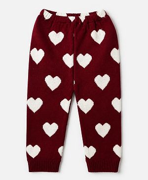 Babyhug Knit Full Length & Woollen Bottom with Hearts Print in Maroon