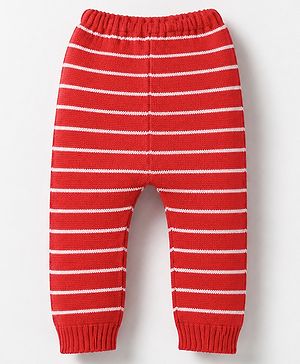 Babyhug Knit Full Length Striped Fleece & Woollen Pant-Red