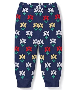 Babyhug Knit Fleece & Woollen Bottomwear With Floral Design - Navy Blue