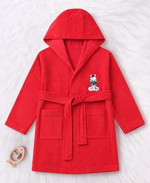 Babyhug Knit Full Sleeves Front Open Bathrobe With Zebra Embroidery - Red