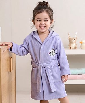 Babyhug Knit Full Sleeves Front Open Bathrobe With Unicorn Embroidery - Lavender