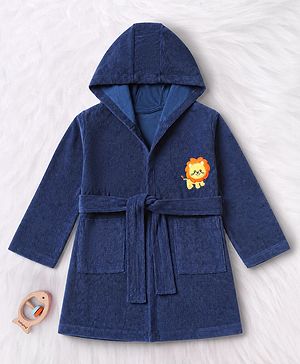 Babyhug Knit Full Sleeves Front Open Bath Robe With Lion Embroidery - Navy