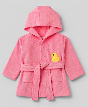 Babyhug Knit Full Sleeves Front Open Hooded Bathrobe With Duck Patch - Pink