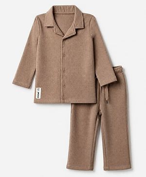 Bonfino Boys 100% Cotton Waffle Structure Fabric Solids Full Sleeves Front Open Shirt and Straight Pyjama Night Suit - Brown