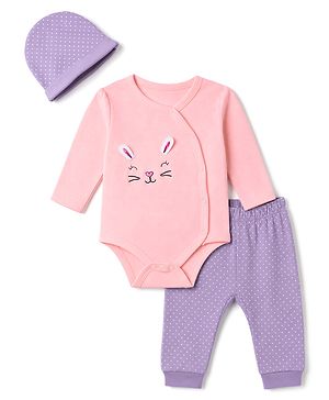 Babyhug 100% Cotton Interlock Knit Full Sleeves Bunny Applique Onesie With Leggings & Cap - Pink & Purple