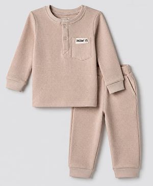 Bonfino 100% Cotton Waffle Structure Fabric Knit Solid Full Sleeves Henley Co-ord T-Shirt and Pajama Night Suit with Diggin It Patch - Beige