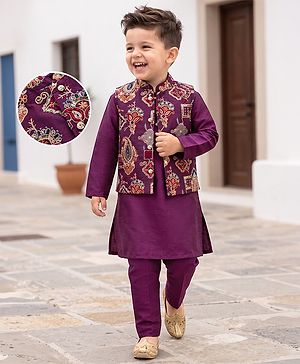 Babyhug Cotton Blend Woven Full Sleeves Solid Kurta & Pyjama Set With Embroidered Jacket - Wine