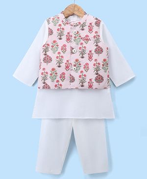 Babyhug Cambric Woven Full Sleves Kurta Pyjama Set and Jacket with Floral Print - Offwhite