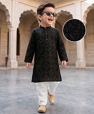 Babyhug Cambric Woven Full Sleeves Kurta & Pyjama Set with Leaf Foil Print - Black