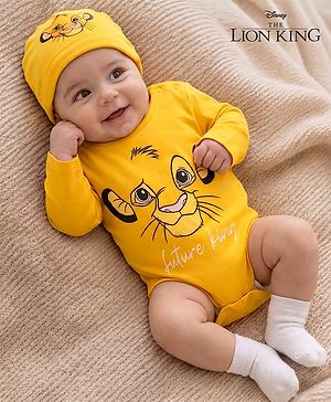 Babyhug Disney Interlock Knit Full Sleeves Onesie With Cap and Lion King Graphic - Yellow