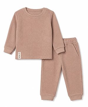 Bonfino 100% Cotton Waffle Structure Fabric Knit Solid Full Sleeves Crew Neck Co-ord T-Shirt and Pajama Night Suit with Diggin It Patch - Brown