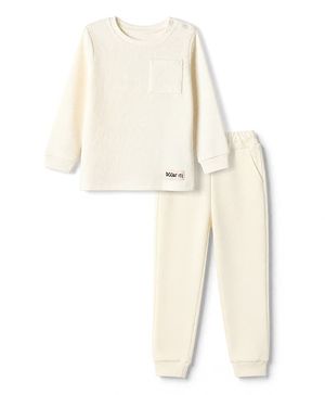 Bonfino 100% Cotton Knit Full Sleeves Co-Ords T-Shirt & Pyjama Night Suit - Offwhite