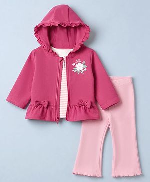 Babyhug 100% Cotton Terry Knit Full Sleeves Hooded Jacket With Inner Tee & Leggings With Floral Print - Pink