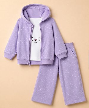 Babyhug 100% Cotton Terry Knit Full Sleeves Jacket With Inner Tee & Pant Set with Cat Print - Purple