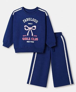 Babyhug Velour Knit Full Sleeves Winter Wear Suit With Bow Print - Navy Blue