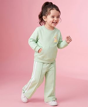Babyhug Terry Knit Full Sleeves Top With Rabbit Patch & Pants Set - Light Green