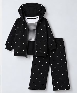 Babyhug 100% Cotton Terry Knit Full Sleeves Top and Pant Set with Hearts Print & Hooded Jacket in Black
