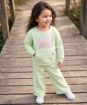 Babyhug Terry Knit Full Sleeves Top With Bow & Text Embroidery & Pant Set - Light Green