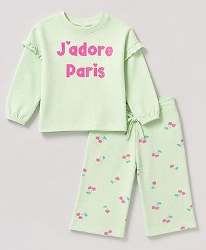 Babyhug 100% Cotton Terry Knit Ribbed Full Sleeves Top and Pant with J'Adore Paris Text & Cherry Print - Light Green