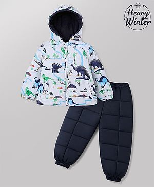 Babyhug Woven Full Sleeves Hooded Winter Wear Suit With Animal Print - White