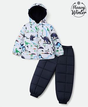 Babyhug Woven Full Sleeves Hooded Padded Quilted Winter Jacket and Pant with Dinosaur Print - White & Blue