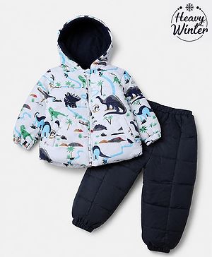 Babyhug Woven Full Sleeves Hooded Winter Wear Suit With Animal Print - White