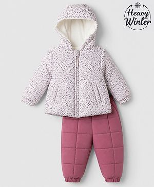 Babyhug Woven Heavy Polyfill Full Sleeves Floral Printed Hooded Winter Wear Suit - Pink