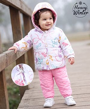 Babyhug Woven Heavy Polyfill Full Sleeves Bow Printed Winter Wear Suit - White & Pink