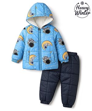 Babyhug Woven Full Sleeves Hooded Winter Wear Suit With Space Theme - Blue