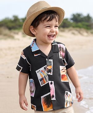 Babyhug 100% Cotton Woven Shirt with Half Sleeves and Photograph Print in Black