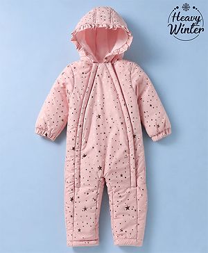 Babyhug Woven Heavy Polyfill Full Raglan Sleeves Star Foil Printed Winter Wear Hooded Romper - Pink