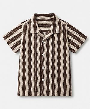 Babyhug Cotton Woven Striped Shirt with Half Sleeves in Brown
