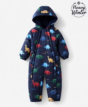Babyhug Woven Heavy Polyfill Full Raglan Sleeves Dino Printed Hooded Winter Wear Suit - Navy Blue