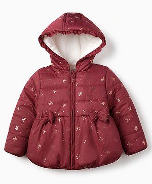 Babyhug Woven Padded/Quilted/ Winter Jacket with Full Sleeves and Bow Foil/Glitter Print in Maroon