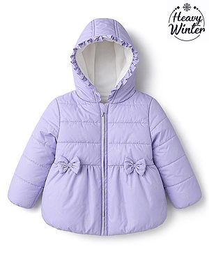 Babyhug Woven Full Sleeves Hooded Padded/Quilted/ Winter Jacket with Bow Detailing & Heart Foil Print - Purple