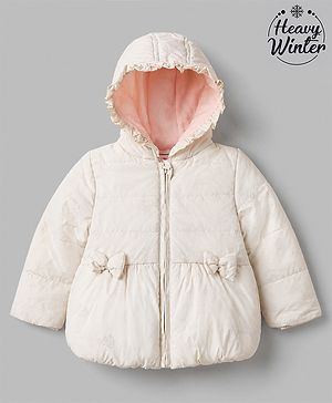 Babyhug Woven Full Sleeves Hooded Padded Winter Jacket with Bow Applique - White