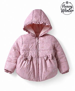 Babyhug Woven Full Sleeves Hooded Padded Jacket with Bow Applique & Print - Pink