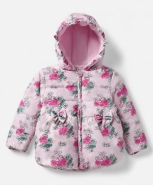 Babyhug Woven Padded/Quilted/ Winter Jacket with Full Sleeves and Floral Print in White