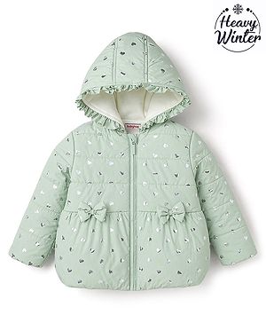 Babyhug Woven Full Sleeves Padded Hooded Jacket with Bow Applique and Hearts Print - Sea Green